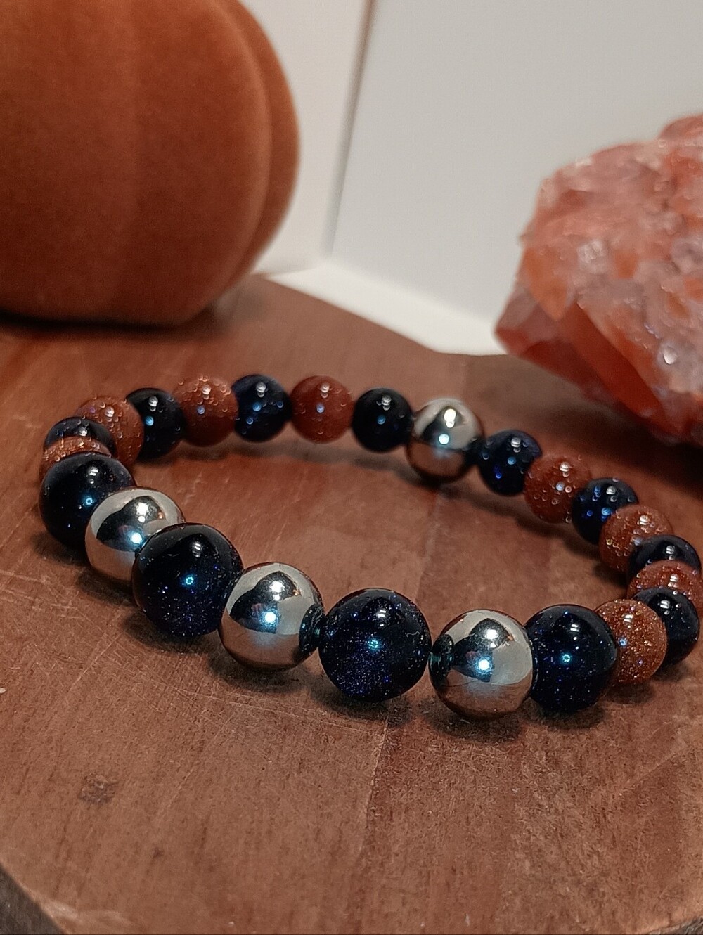 Midnight Harvest – Handmade Blue & Red Sandstone Bracelet